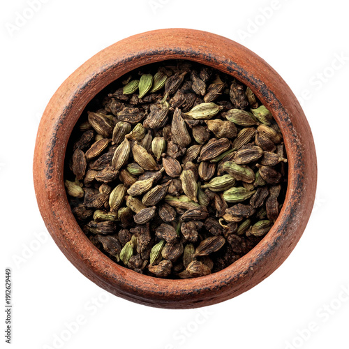 Top view of Cardamom spice in an earthen pot isolated on with white background(1)