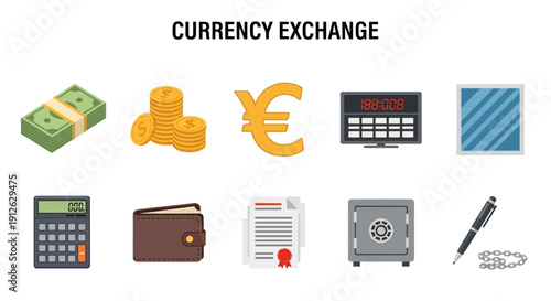 A graphic illustrating currency exchange elements money symbols tools and security items
