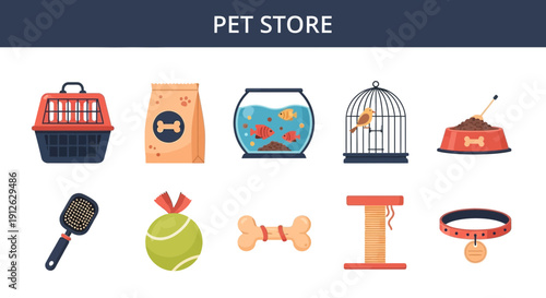 A set of ten flatstyle icons related to pet supplies displayed in two rows