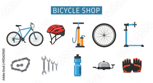 Bicycle shop merchandise featuring a bike helmet pump wheel tools and accessories