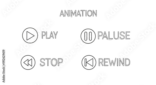 Set of Outline Media Player Icons: Play, Pause, Stop, Rewind Buttons