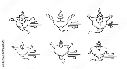 Set of Six Genie Illustrations Emerging from Lamps with Swirling Wind