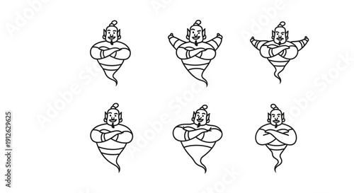 Set of Six Genie Icons, Cartoon Style, Black and White Line Art