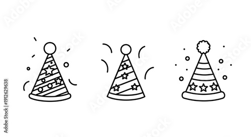 Set of three party hats with stars and confetti, simple line art illustration