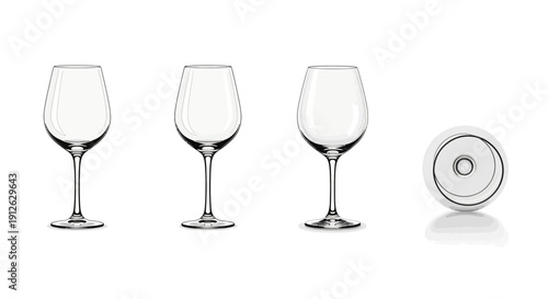 Set of Three Clear Wine Glasses and One Upside Down on White Background