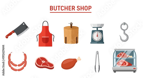 Butcher shop icons showing tools meat products and display equipment on a white background