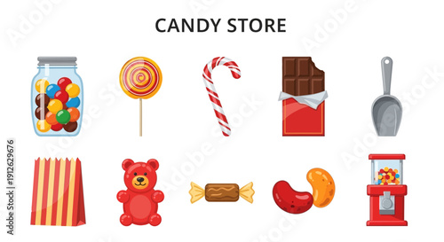 Cartoon illustration of various candies and candy store equipment on a white background