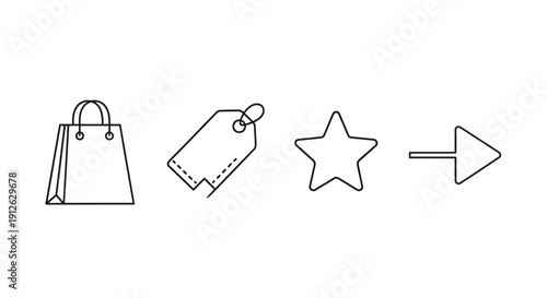 Shopping bag, tag, star, and arrow icons representing e-commerce, sales, favorites, and navigation.