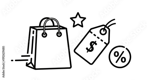 Shopping Bag with Discount Tag, Star, and Percentage Icon - Online Shopping and Sale Concept
