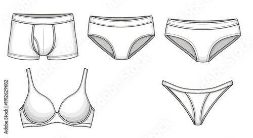 Set of white underwear: bra, boxer briefs, briefs, and thong, isolated on white background