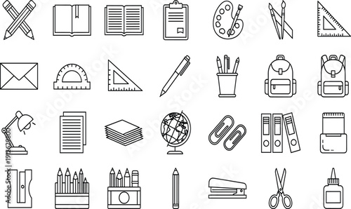 Set of school supplies icons, stationery symbols, education elements, backpack, pencil, book, ruler, globe, art palette, scissors, and back to school (21 words)