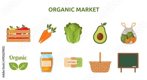 Collection of icons illustrating organic market goods and accessories against a white background