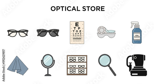 Collection of optical storerelated items displayed on a white background