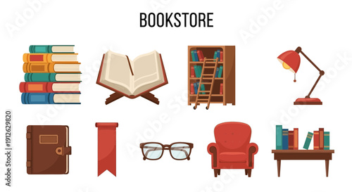 Collection of illustrated bookstorerelated objects on a white background