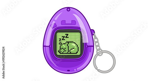 Retro Virtual Pet Device Illustration Showing Sleeping Pixel Animal on Screen - Nostalgic Digital Toy Keychain on White Background