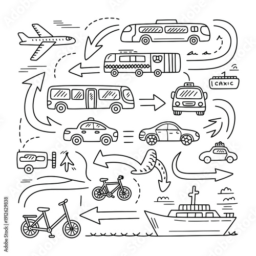 Transportation Network Doodle: A dynamic hand-drawn illustration showcases a comprehensive transportation network, highlighting the diverse ways people and goods move across the world.