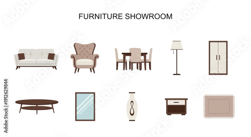 Collection of ten flatstyle furniture and decor icons on a white background