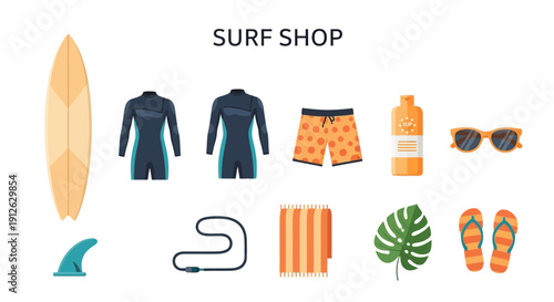 Collection of surfing gear and beach accessories laid out below SURF SHOP text