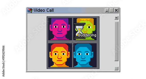 Pixelated Retro Video Call Screen with Buffering Hourglass Icon. 8-bit style interface depicting a virtual team meeting experiencing slow internet connection or network lag.