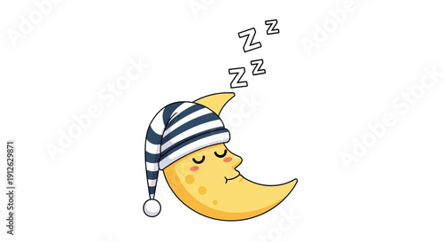 Cute Sleeping Crescent Moon Cartoon Character Snoring Icon Wearing Striped Nightcap Isolated on White Background for Good Night Design
