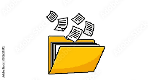 Pixel Art Icon of Documents Flying Out of a Yellow Folder Representing Data Transfer, File Organization, or Administration