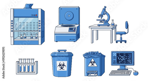 Science Laboratory Equipment Icon Set: Fume Hood, Centrifuge, Microscope, Test Tubes, and Biohazard Waste Bins for Research and Analysis.