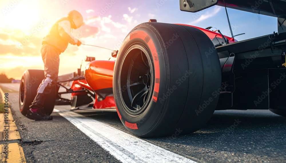 Naklejka premium Mechanics prepare a vibrant red race car. The sun is setting