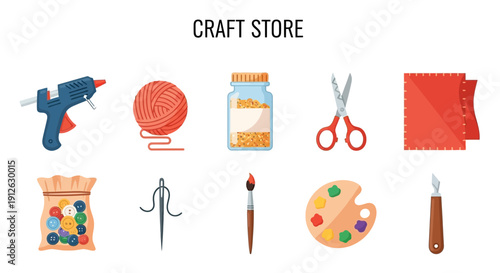 Craft store supplies illustration with glue gun yarn beads scissors fabric buttons needle brush palette and craft knife