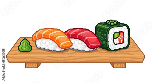 Retro pixel art sushi set illustration featuring salmon nigiri, tuna nigiri, and a maki roll served on a traditional wooden plate with wasabi.