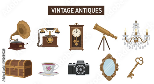 Collection of ten vintage antique objects displayed in two rows against a white background