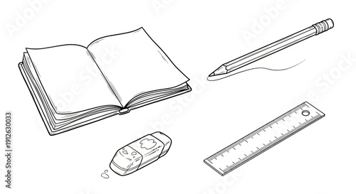 Open Notebook, Pencil, Ruler, and Eraser - Drawing and Writing Tools on White Background