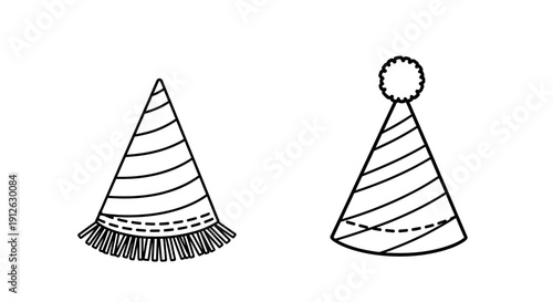 Party Hats: Festive Cone Caps with Tassels and Pom-Pom, Black and White Outline