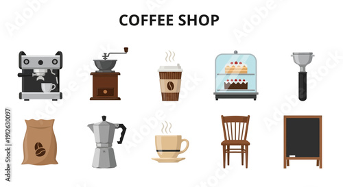 Flat icon set of coffee shop equipment and furniture on a white background