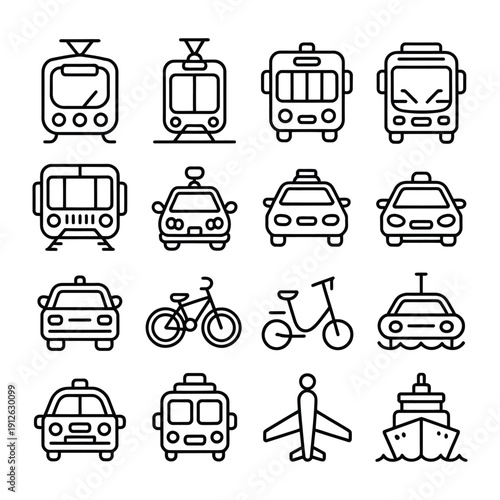 Vehicular Symphony: A detailed monochrome illustration showcasing a collection of vehicles. From streamlined trams to robust buses, speedy cars to agile bikes.