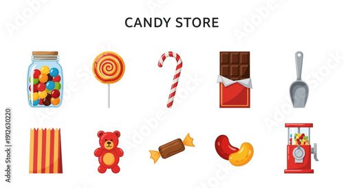 Graphic collection of various candies and candy store accessories on a white background