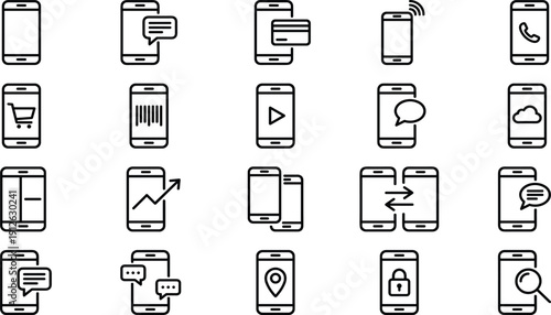 Set of smartphone icons, mobile technology symbols, app interface elements, digital payment, cloud storage, messaging, data security, and communication vector (21 words)