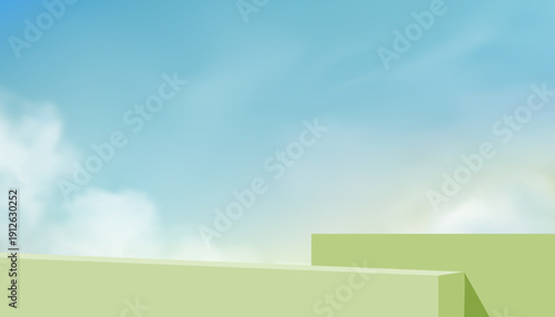 Background Podium on Sky Blue,3d green podium platform on white cloud for cosmetic product display,Summer sunrise banner with abstract mockup stand stage,Vector Nature spring sky for Easter banner