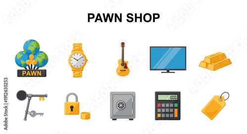 Graphic set illustrating items associated with a pawn shop on a white background