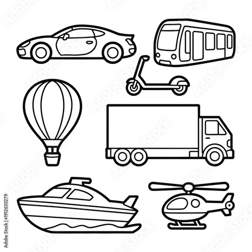 Transportation Collection: A graphic compilation showcasing various forms of transport, artfully designed for educational and creative projects.