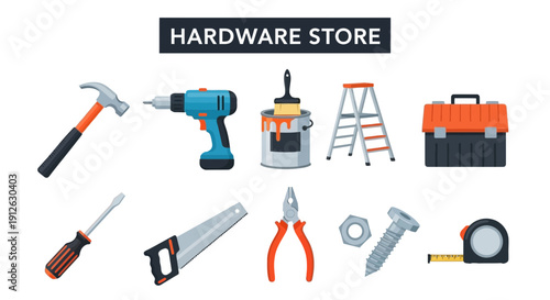 Illustration of various tools and supplies for a hardware store