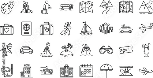 Set of travel icons, vacation symbols, tourism elements, luggage, passport, transportation, hotel, beach, mountain, adventure, and holiday planning outline vector collection (21 words)