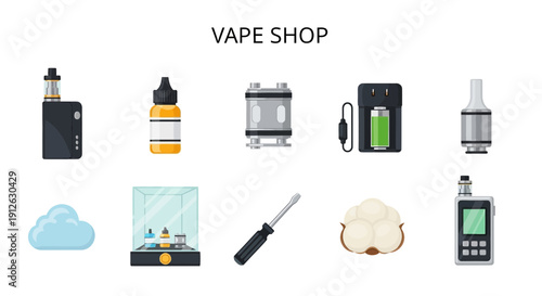 Illustration of various vaping devices eliquid and accessories against a white background