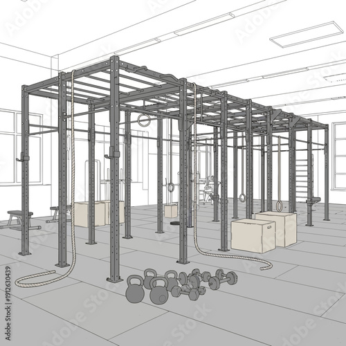 Detailed wireframe illustration of a modern gym interior with functional fitness equipment setup