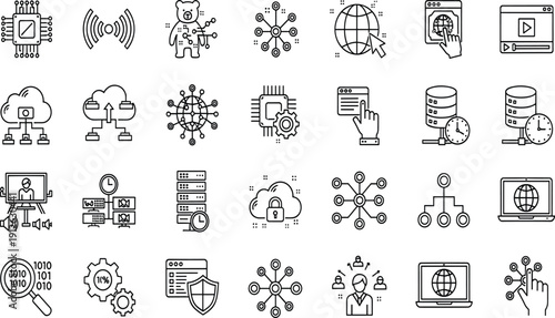 Set of technology line icons, network, cloud computing, data server, internet connection, digital communication, cybersecurity, vector illustration collection isolated.