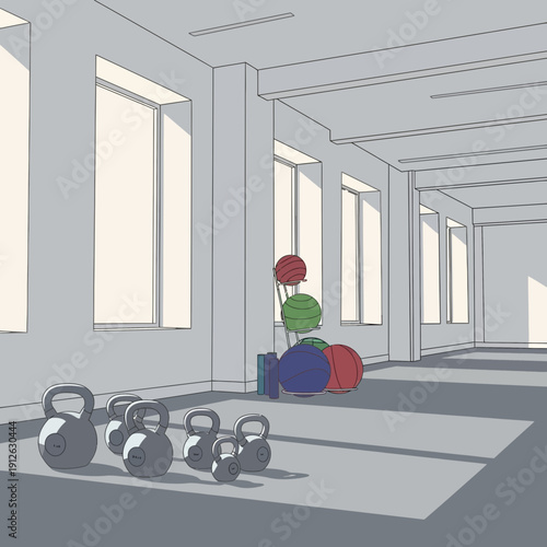Modern fitness studio interior with kettlebells and exercise balls bathed in natural light, ready for a workout session