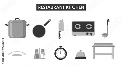Restaurant kitchen equipment illustrated with a stock image style