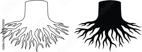 Tree stump with tangled roots vector illustration, organic underground root system silhouette set.