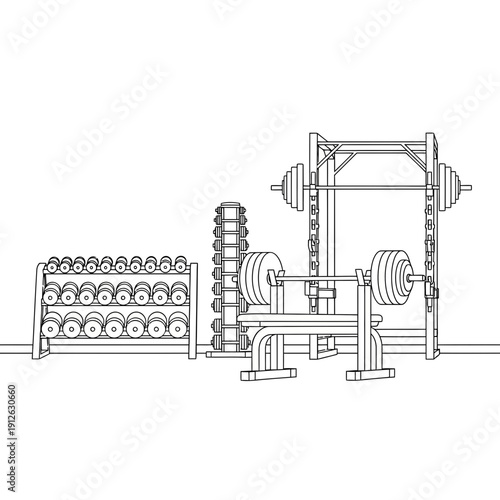 Gym equipment line drawing, showcasing strength training gear for a fitness workout