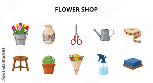 Ten icons related to a flower shop arranged in two rows