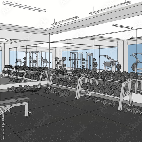 Minimalist vector illustration of a modern gym interior with various fitness equipment and weight racks